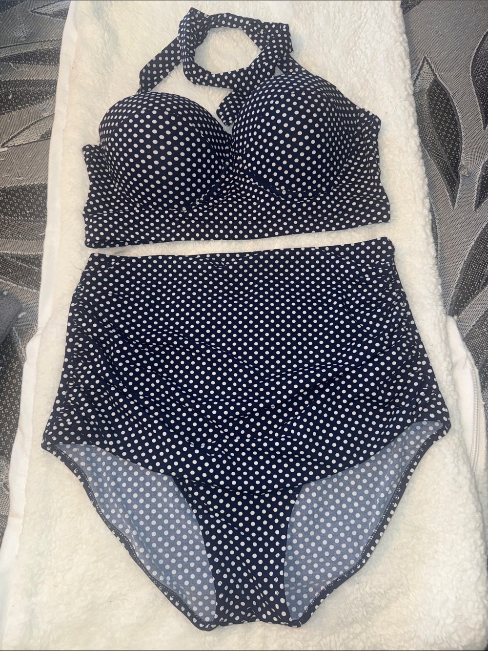 Navy Polka Dot High-Waist Bikini Set